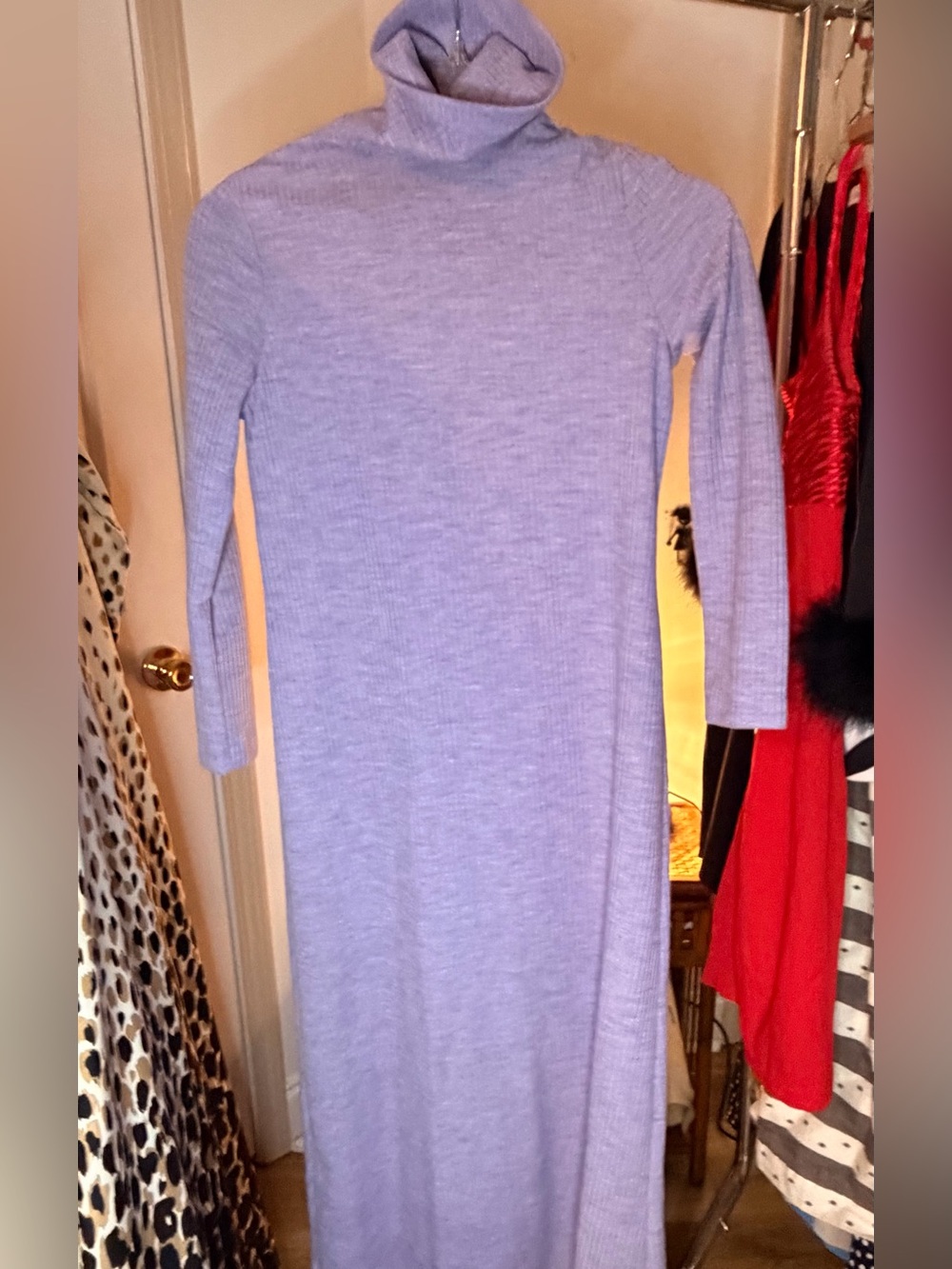 Vintage 60s 70s Lavender Ribbed Knit Maxi Dress Turtleneck Mod Column Gown - Picture 11 of 11